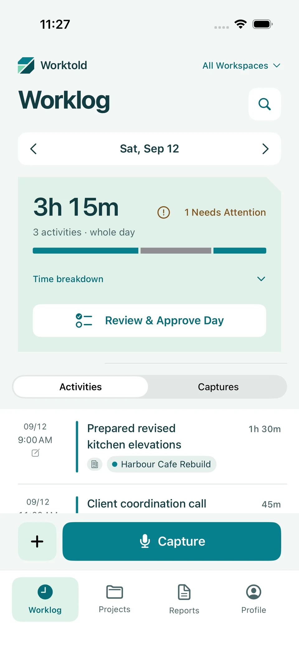Worktold worklog screen showing sample work data